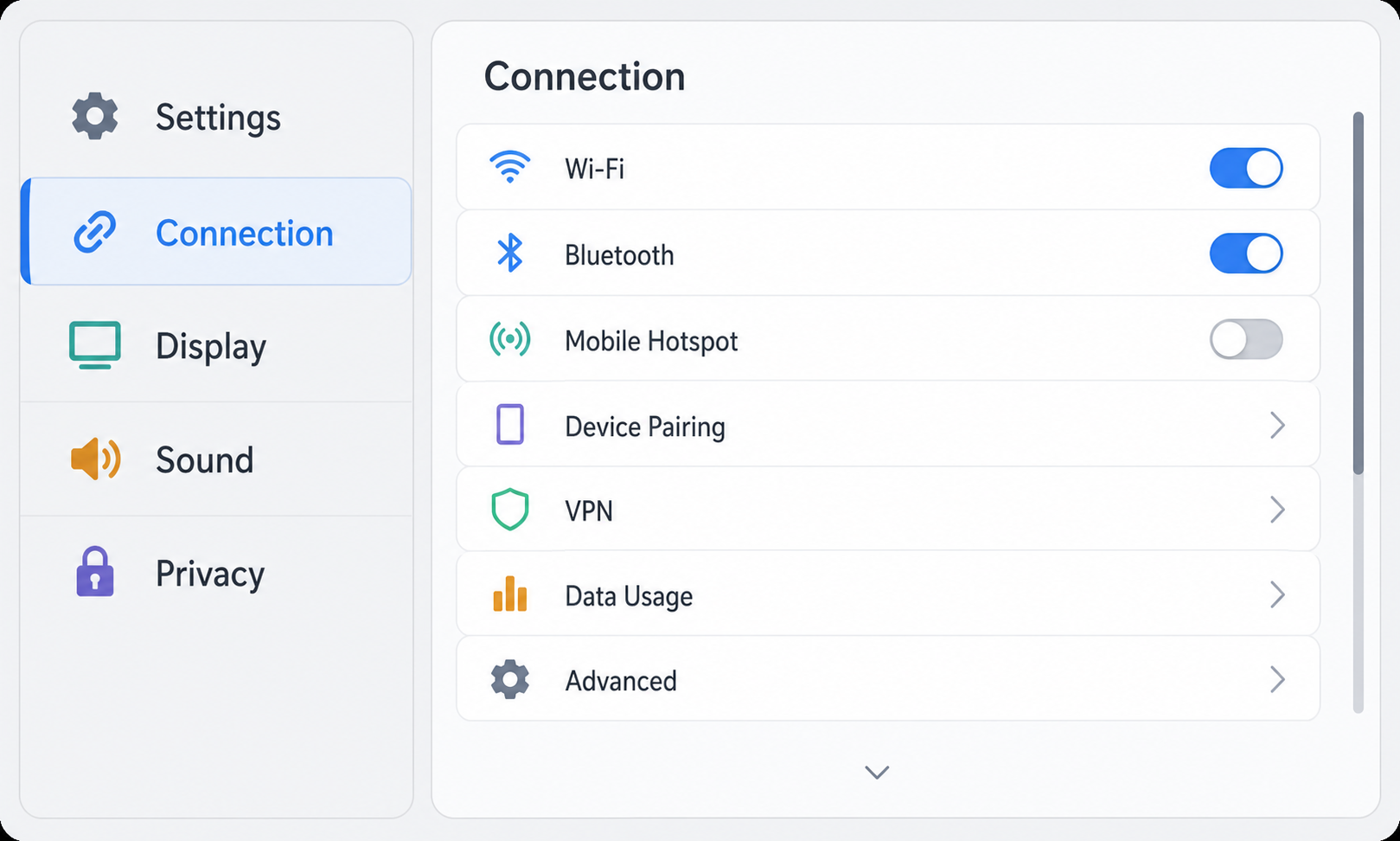Dual-pane Connection settings screen where the right pane needs swiping